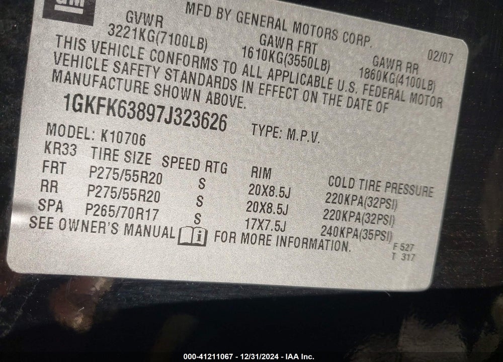 2007 GMC YUKON DENALI VIN: 1GKFK63897J323626