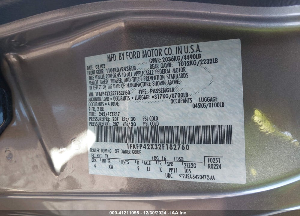 2002 FORD MUSTANG GT VIN: 1FAFP42X32F182760