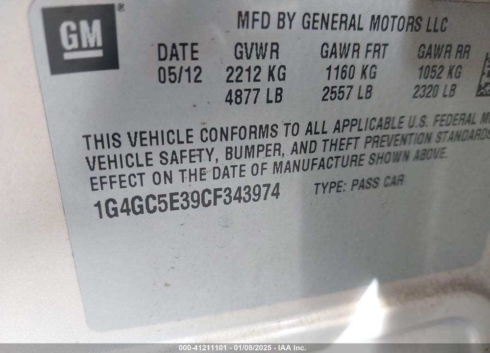 2012 BUICK LACROSSE VIN: 1G4GC5E39CF343974