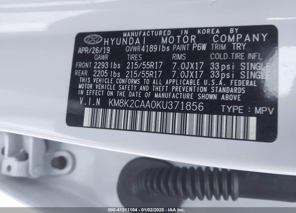 2019 HYUNDAI KONA SEL VIN: KM8K2CAA0KU371856