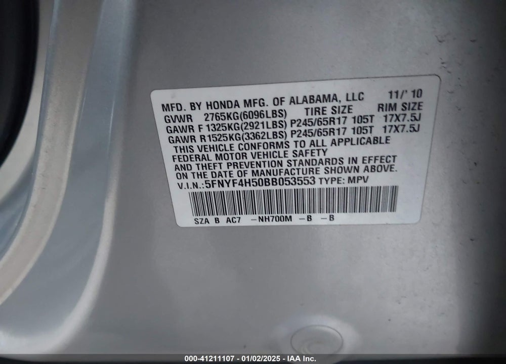 2011 HONDA PILOT EX-L VIN: 5FNYF4H50BB053553