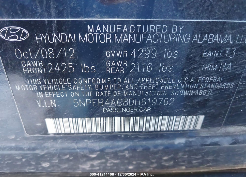 2013 HYUNDAI SONATA VIN: 5NPEB4AC8DH619762