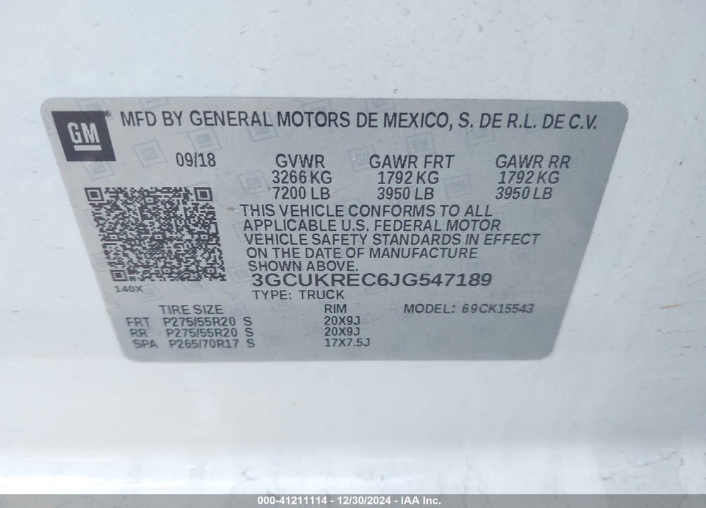 2018 CHEVROLET SILVERADO 1500 2LT VIN: 3GCUKREC6JG547189
