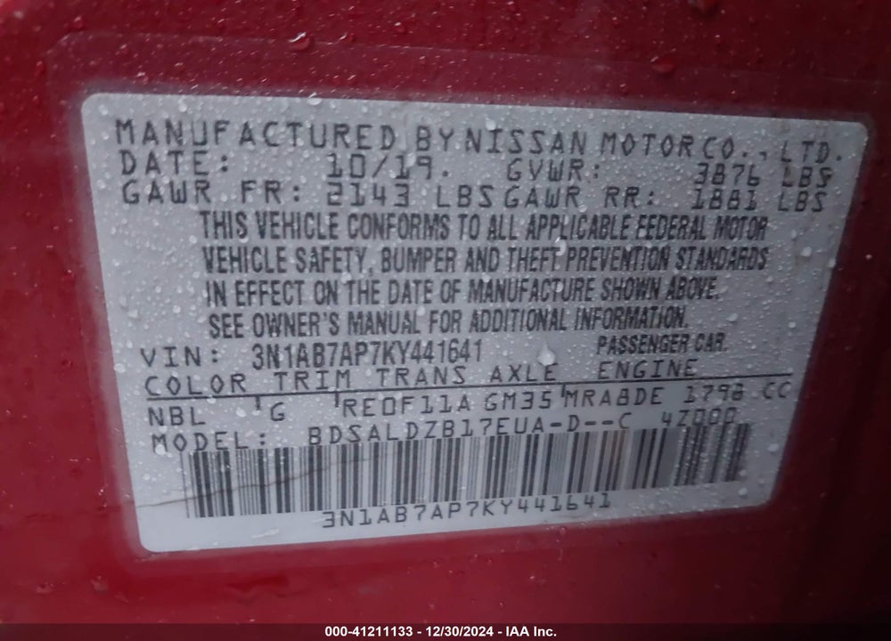 2019 NISSAN SENTRA VIN: 3N1AB7AP7KY441641