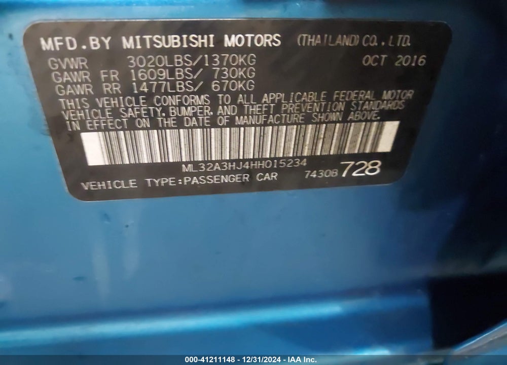 2017 MITSUBISHI MIRAGE ES VIN: ML32A3HJ4HH015234