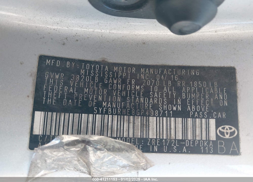 2016 TOYOTA COROLLA VIN: 5YFBURHE8GP498711