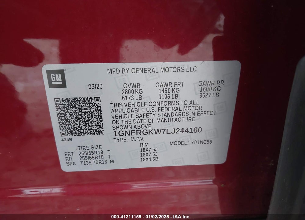 2020 CHEVROLET TRAVERSE FWD LT CLOTH VIN: 1GNERGKW7LJ244160