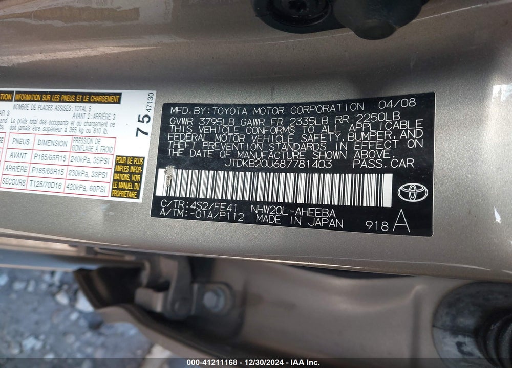 2008 TOYOTA PRIUS VIN: JTDKB20U687781403