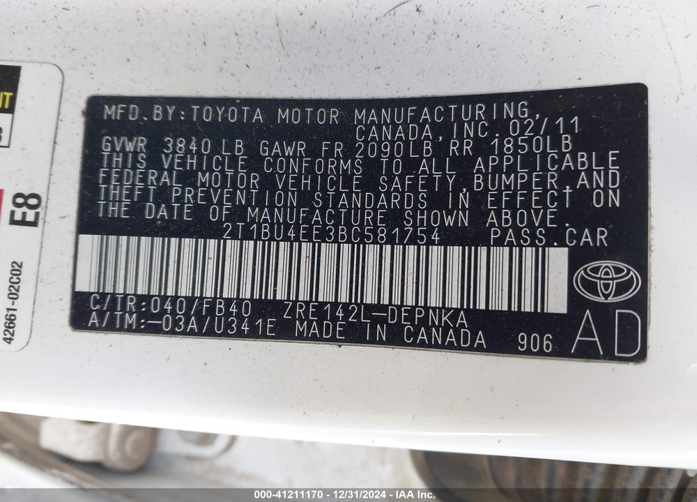 2011 TOYOTA COROLLA VIN: 2T1BU4EE3BC581754