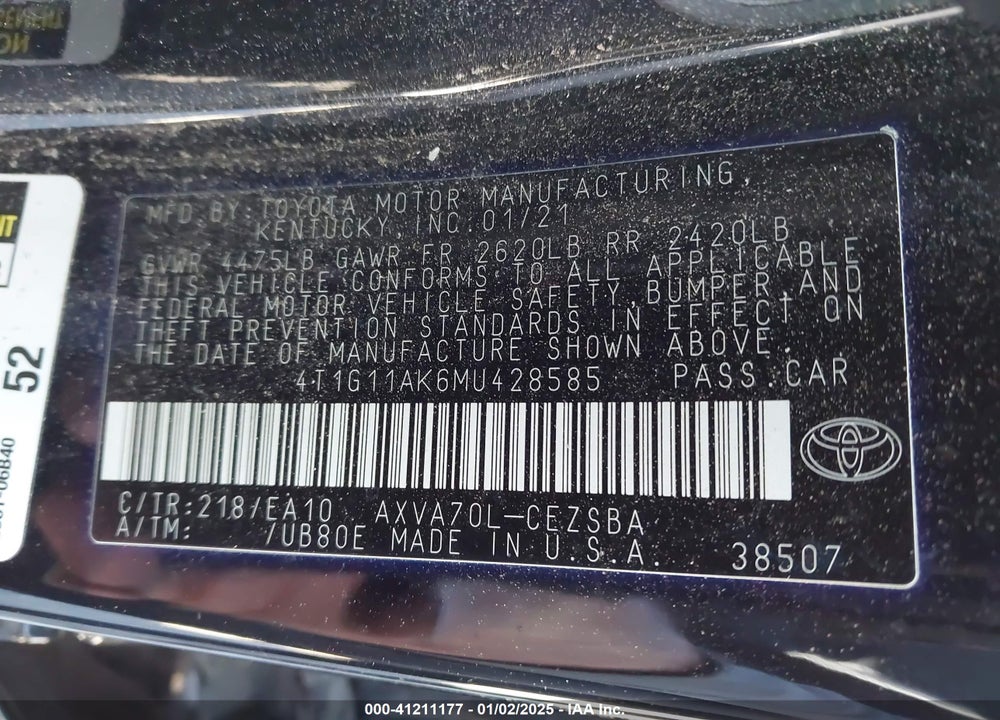 2021 TOYOTA CAMRY SE VIN: 4T1G11AK6MU428585