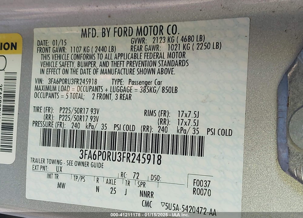 2015 FORD FUSION HYBRID TITANIUM VIN: 3FA6P0RU3FR245918