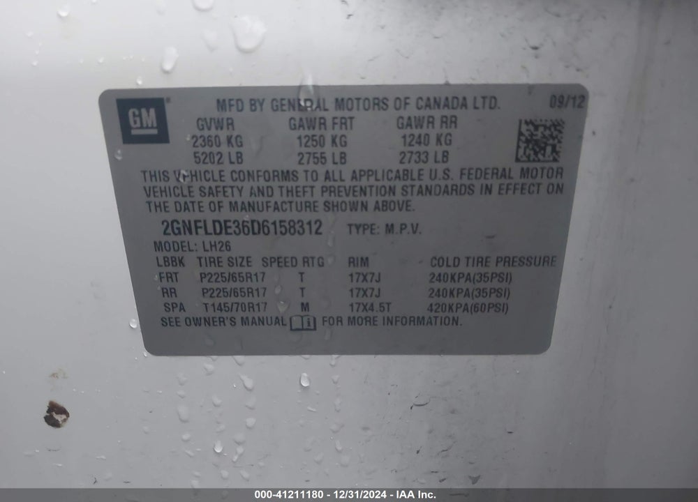 2013 CHEVROLET EQUINOX 1LT VIN: 2GNFLDE36D6158312