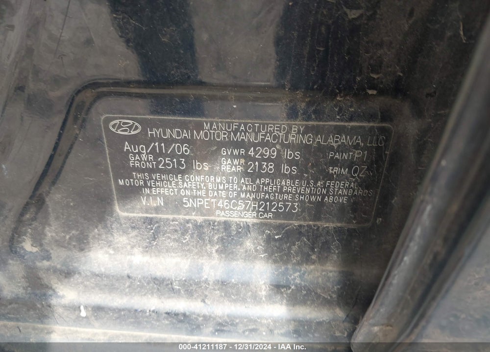 2007 HYUNDAI SONATA GLS VIN: 5NPET46C57H212573