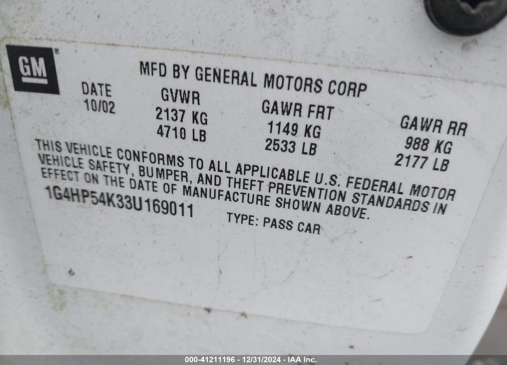 2003 BUICK LESABRE CUSTOM VIN: 1G4HP54K33U169011