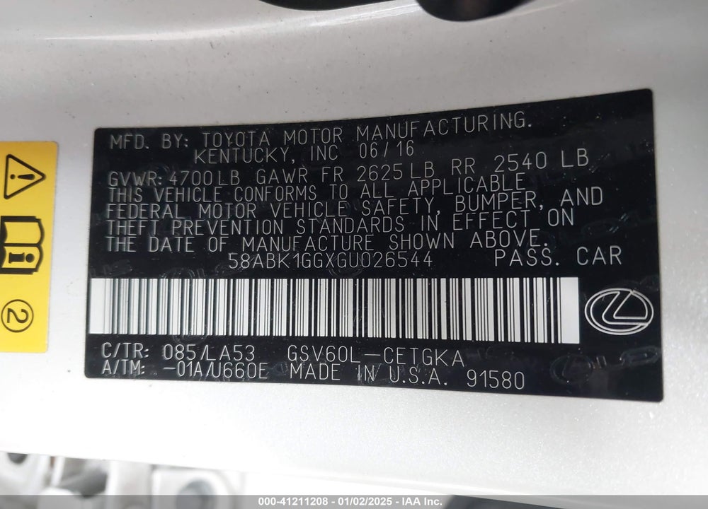 2016 LEXUS ES 350 VIN: 58ABK1GGXGU026544
