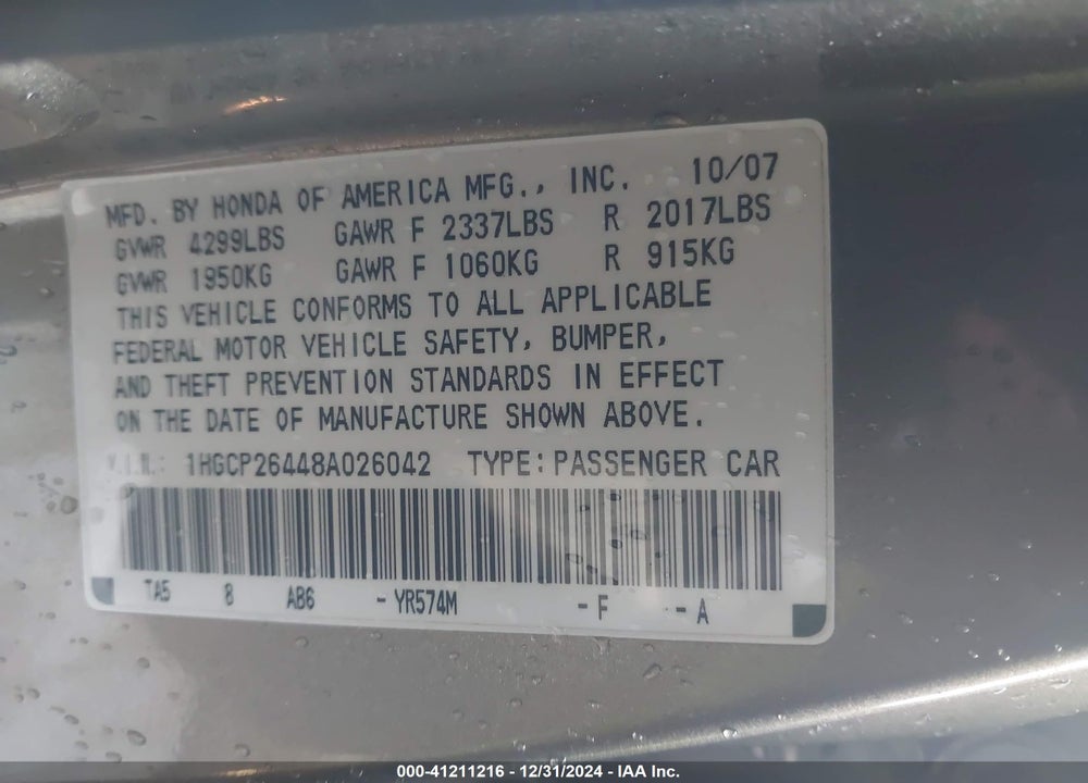 2008 HONDA ACCORD VIN: 1HGCP26448A026042