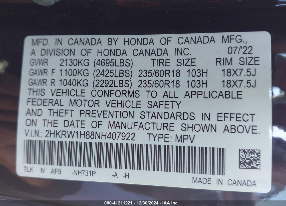 2022 HONDA CR-V 2WD EX-L VIN: 2HKRW1H88NH407922
