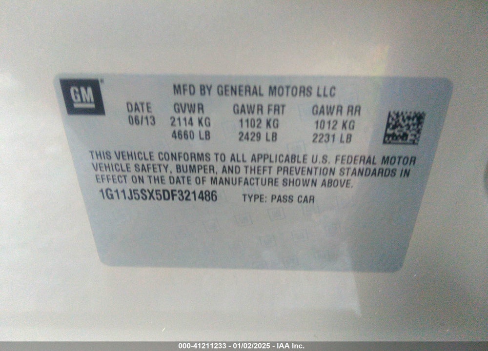 2013 CHEVROLET MALIBU 2LZ VIN: 1G11J5SX5DF321486