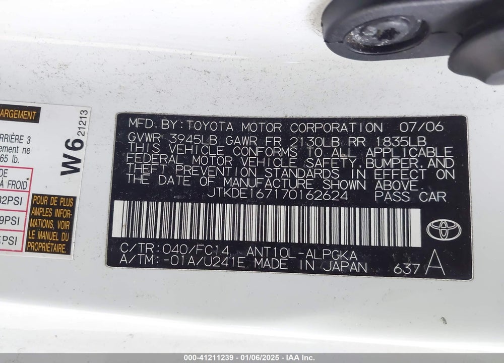 2007 SCION TC VIN: JTKDE167170162624