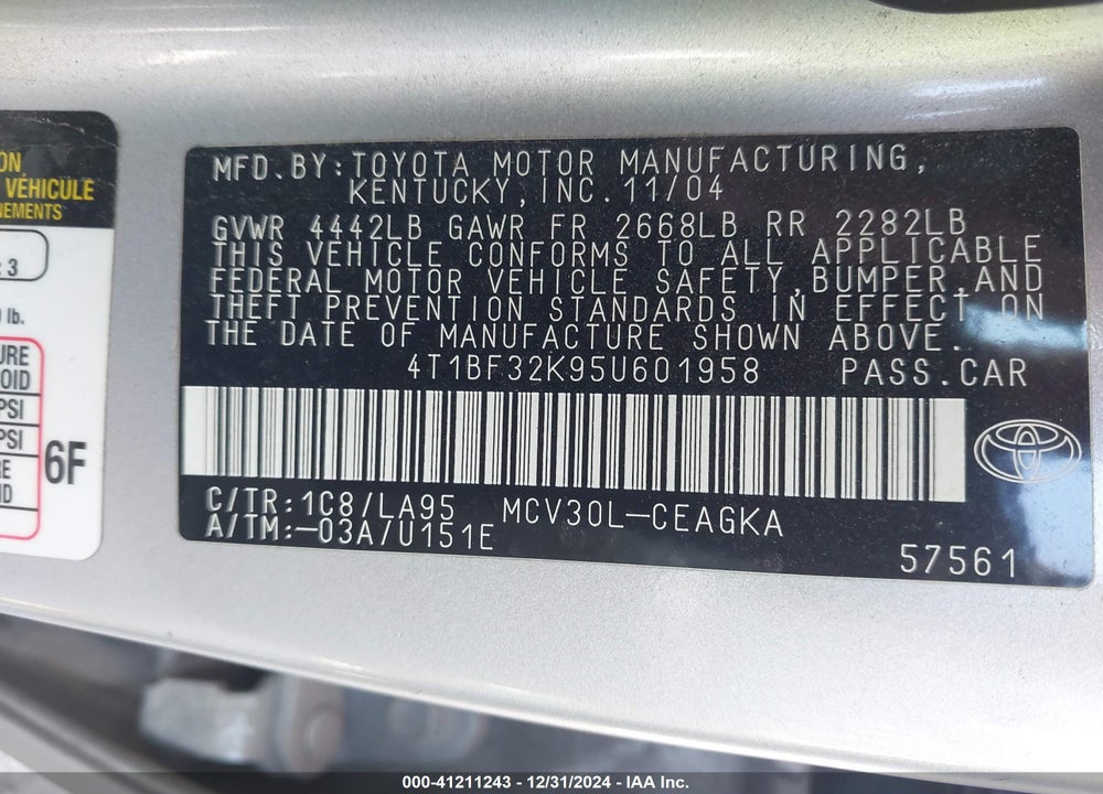 2005 TOYOTA CAMRY XLE V6 VIN: 4T1BF32K95U601958