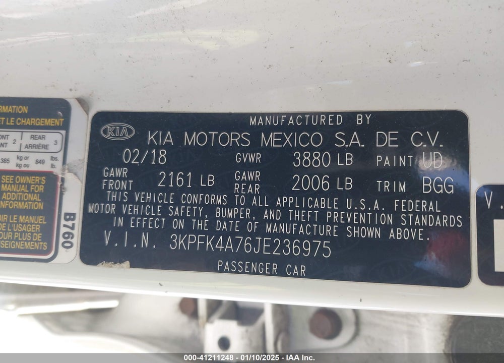 2018 KIA FORTE VIN: 3KPFK4A76JE236975