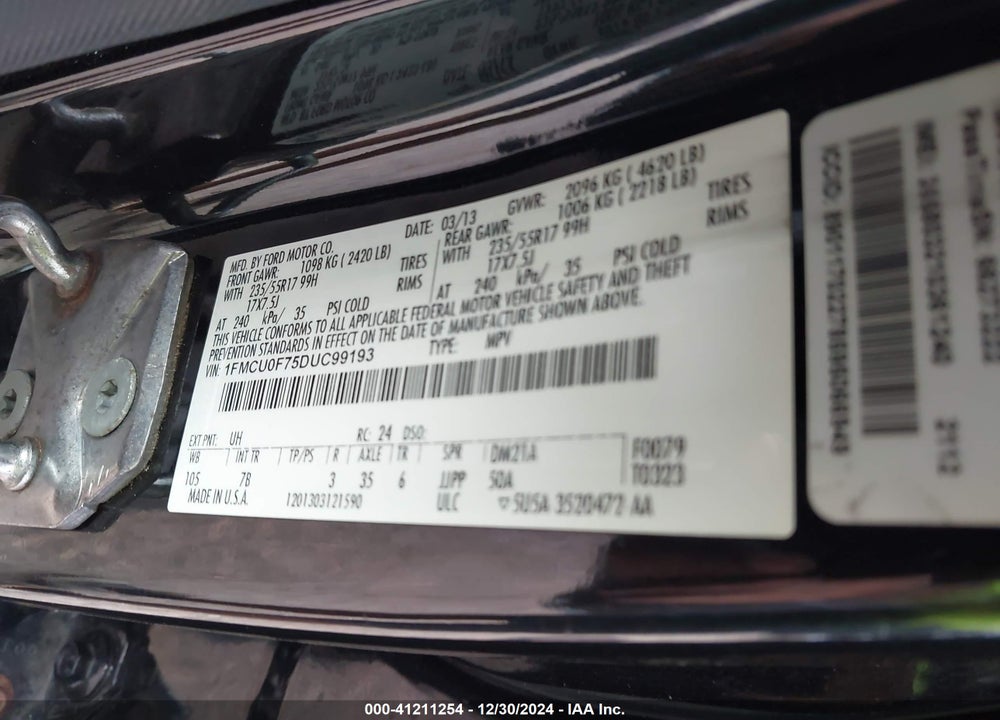 2013 FORD ESCAPE S VIN: 1FMCU0F75DUC99193