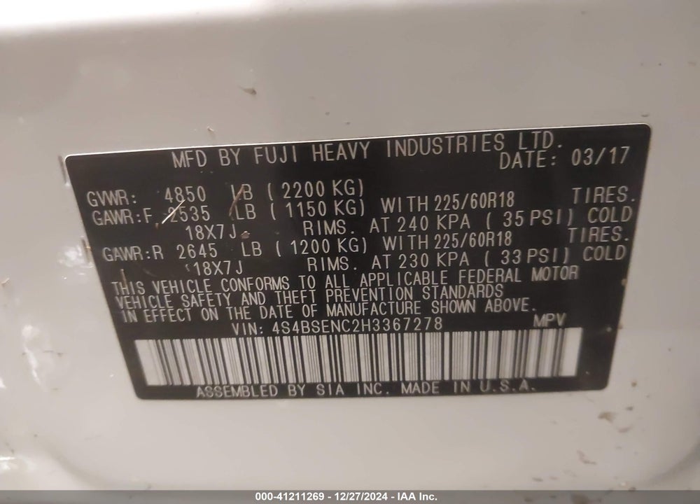 2017 SUBARU OUTBACK 3.6R LIMITED VIN: 4S4BSENC2H3367278