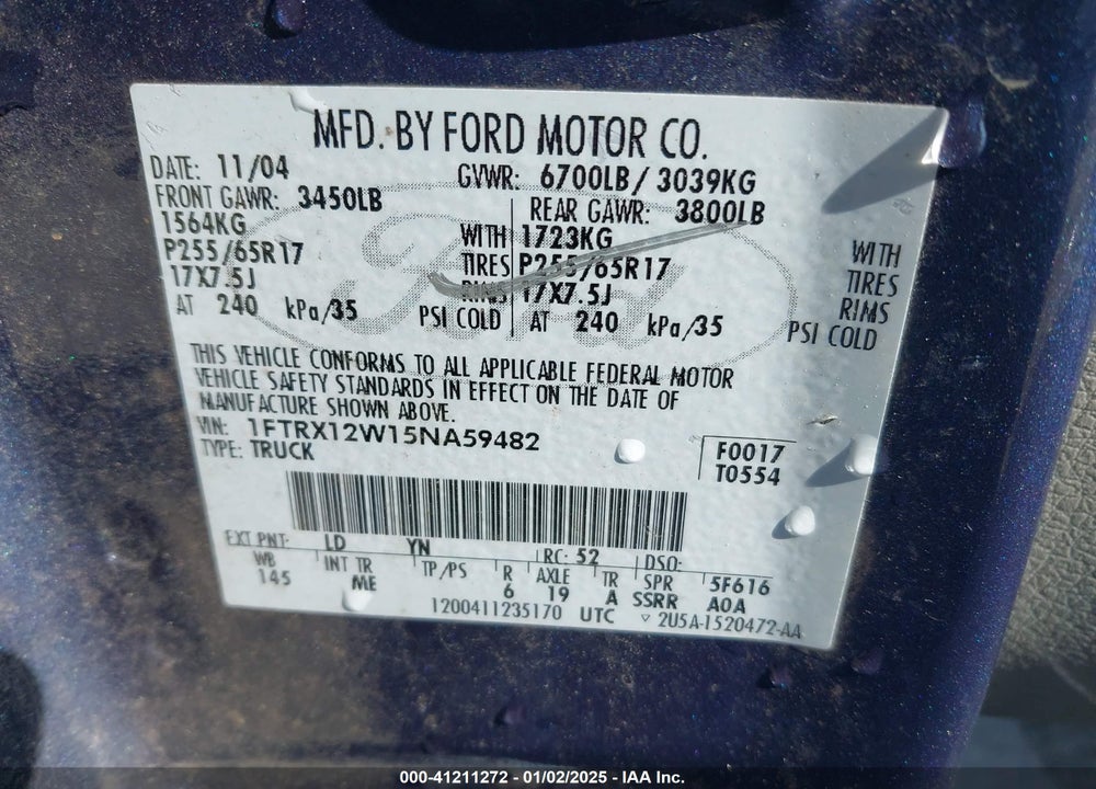 2005 FORD F-150 STX/XL/XLT VIN: 1FTRX12W15NA59482