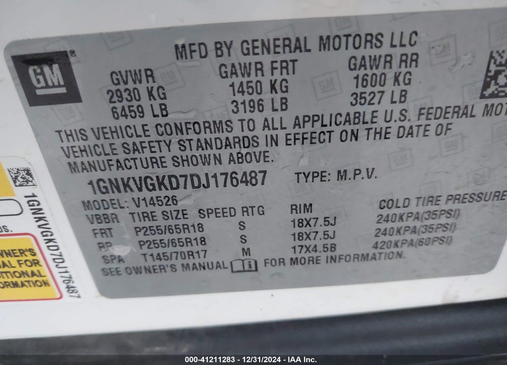 2013 CHEVROLET TRAVERSE 1LT VIN: 1GNKVGKD7DJ176487