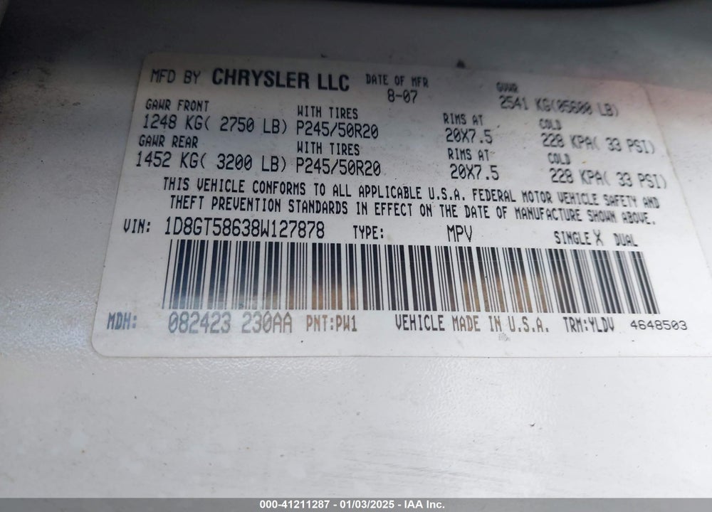 2008 DODGE NITRO SLT/RT VIN: 1D8GT58638W127878