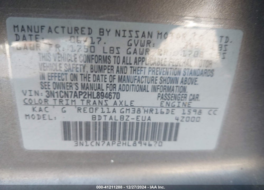 2017 NISSAN VERSA 1.6 SV VIN: 3N1CN7AP2HL894670