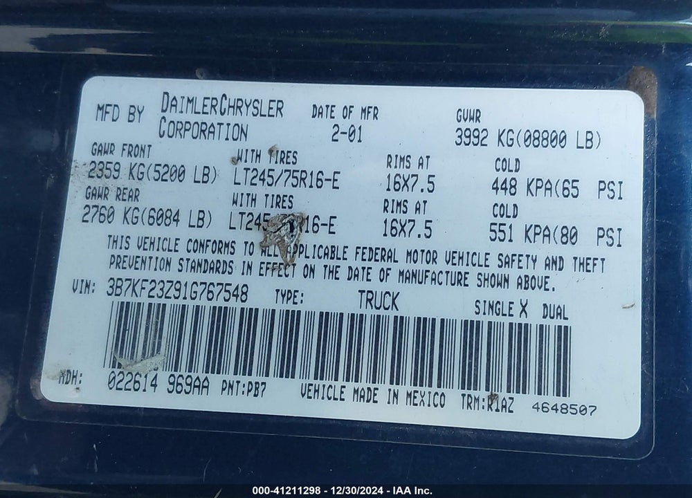 2001 DODGE RAM 2500 ST VIN: 3B7KF23Z91G767548