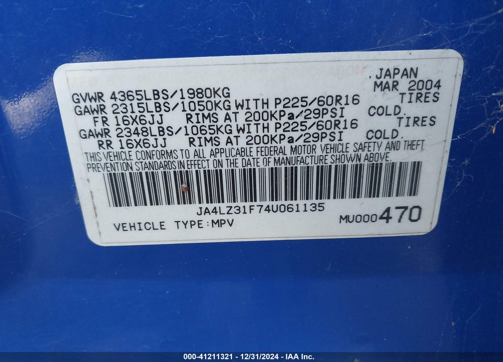 2004 MITSUBISHI OUTLANDER LS VIN: JA4LZ31F74U061135