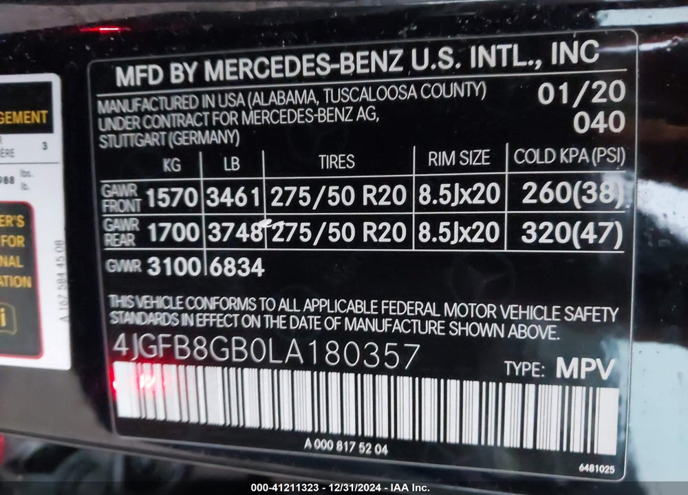2020 MERCEDES-BENZ GLE 580 4MATIC VIN: 4JGFB8GB0LA180357