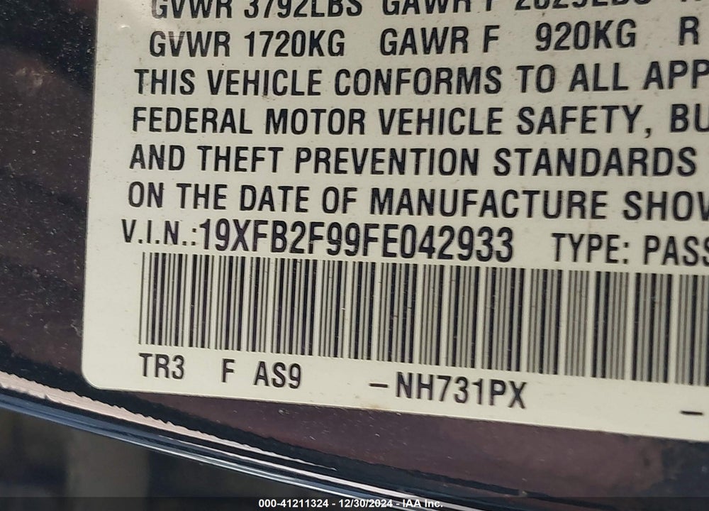 2015 HONDA CIVIC EX-L VIN: 19XFB2F99FE042933