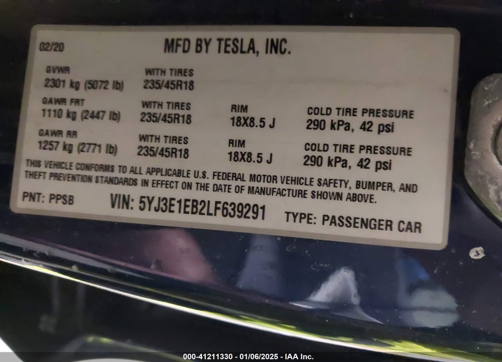 2020 TESLA MODEL 3 VIN: 5YJ3E1EB2LF639291
