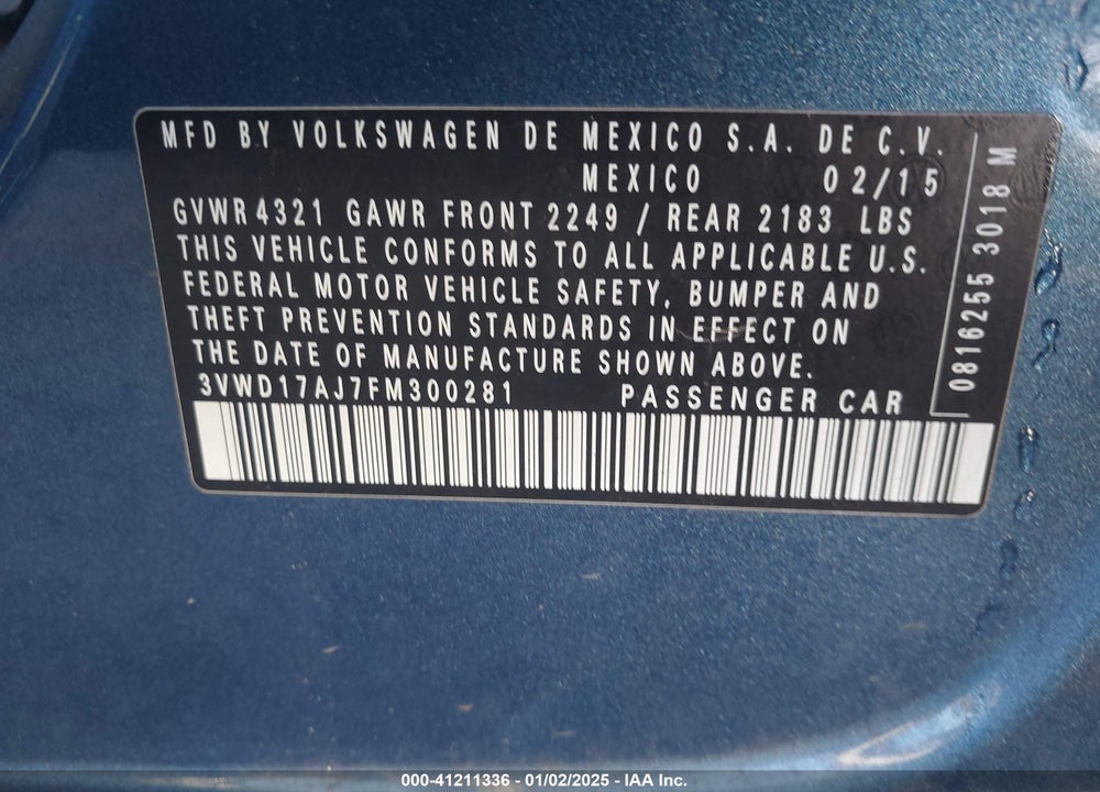 2015 VOLKSWAGEN JETTA VIN: 3VWD17AJ7FM300281
