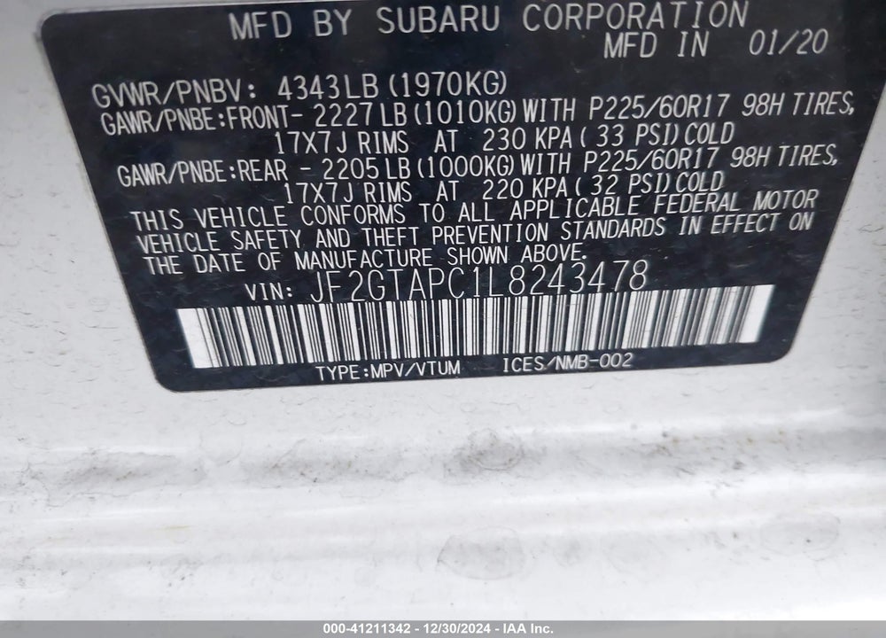 2020 SUBARU CROSSTREK PREMIUM VIN: JF2GTAPC1L8243478