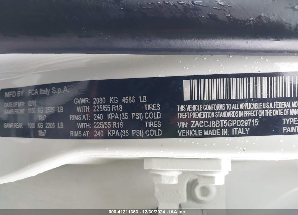 2016 JEEP RENEGADE LATITUDE VIN: ZACCJBBT5GPD29715