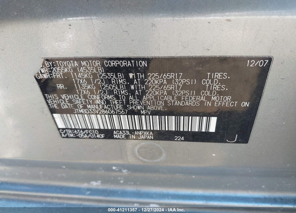2008 TOYOTA RAV4 VIN: JTMBD33V286067567