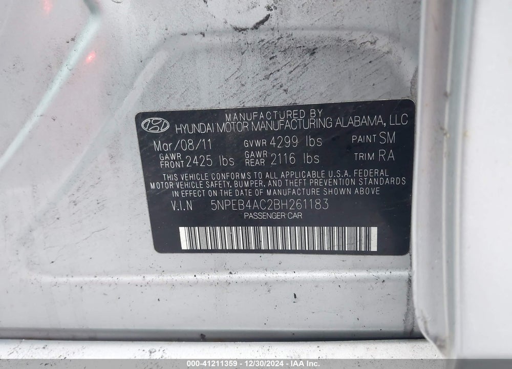 2011 HYUNDAI SONATA GLS VIN: 5NPEB4AC2BH261183