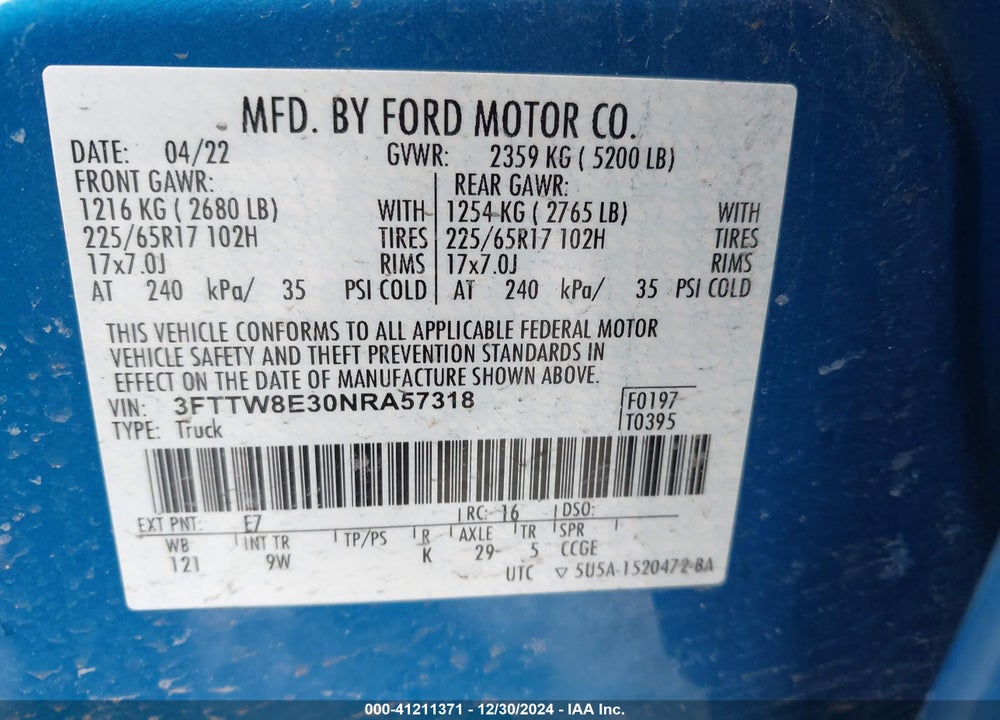 2022 FORD MAVERICK XL VIN: 3FTTW8E30NRA57318