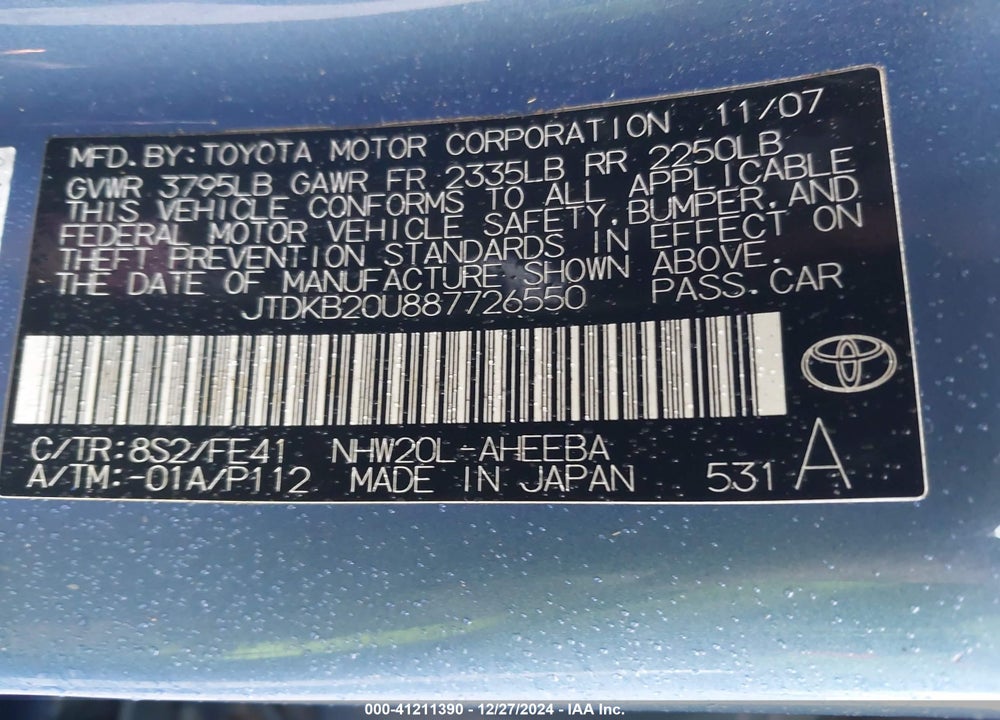 2008 TOYOTA PRIUS VIN: JTDKB20U887726550