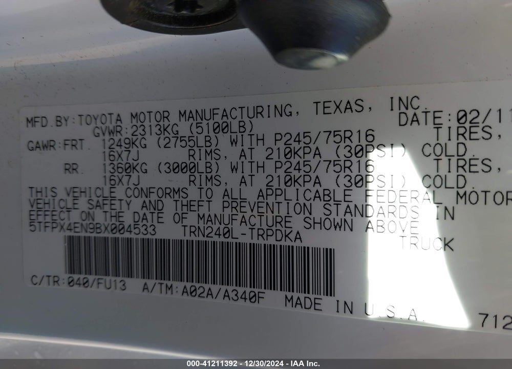 2011 TOYOTA TACOMA VIN: 5TFPX4EN9BX004533