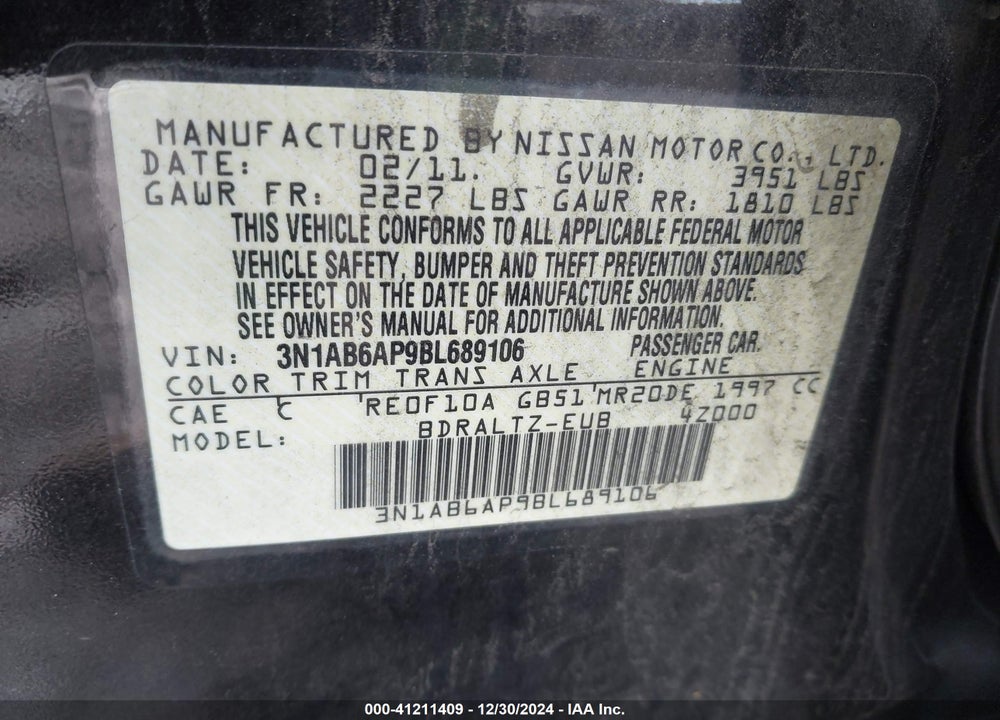2011 NISSAN SENTRA VIN: 3N1AB6AP9BL689106