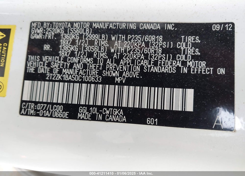 2013 LEXUS RX 350 VIN: 2T2ZK1BA5DC100633