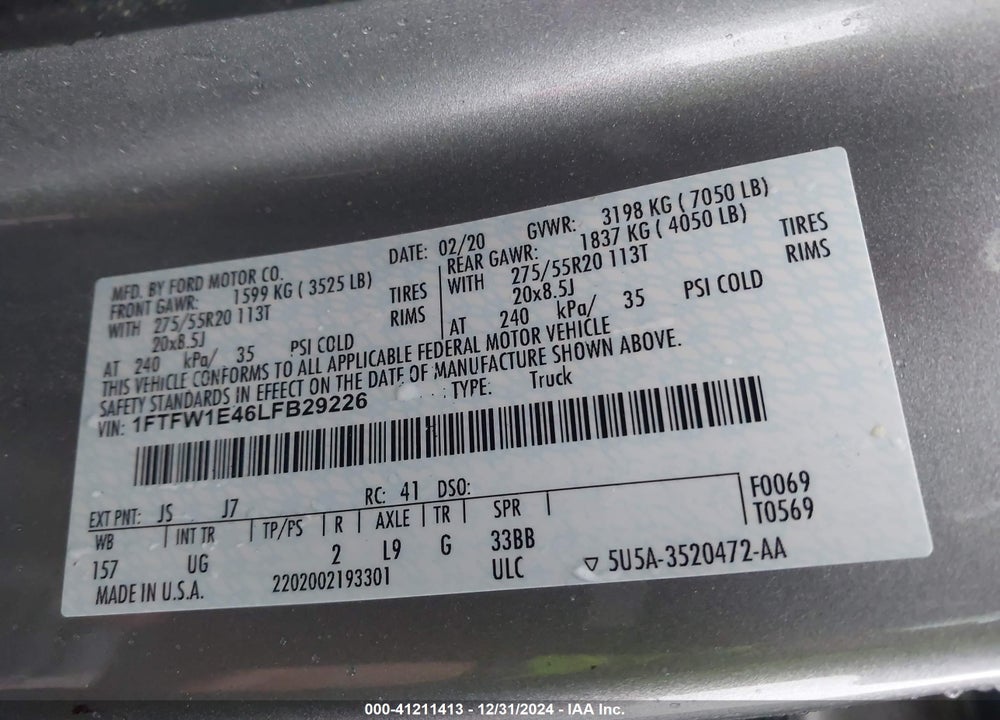 2020 FORD F-150 XLT VIN: 1FTFW1E46LFB29226