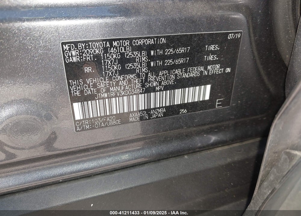 2019 TOYOTA RAV4 XLE VIN: JTMW1RFV3KD034847