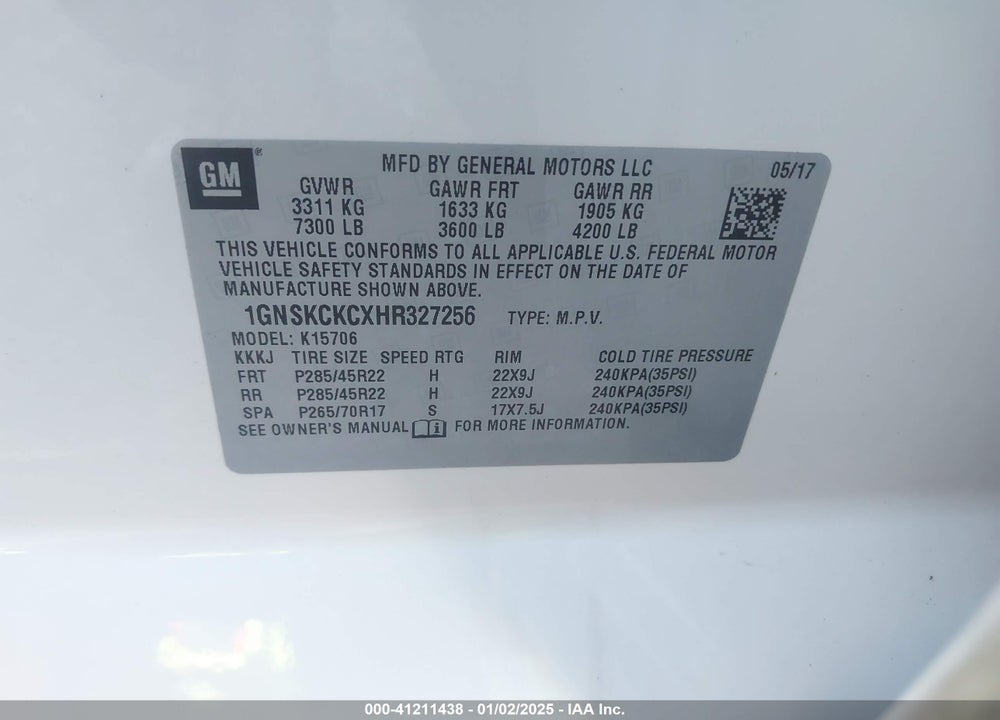2017 CHEVROLET TAHOE PREMIER VIN: 1GNSKCKCXHR327256