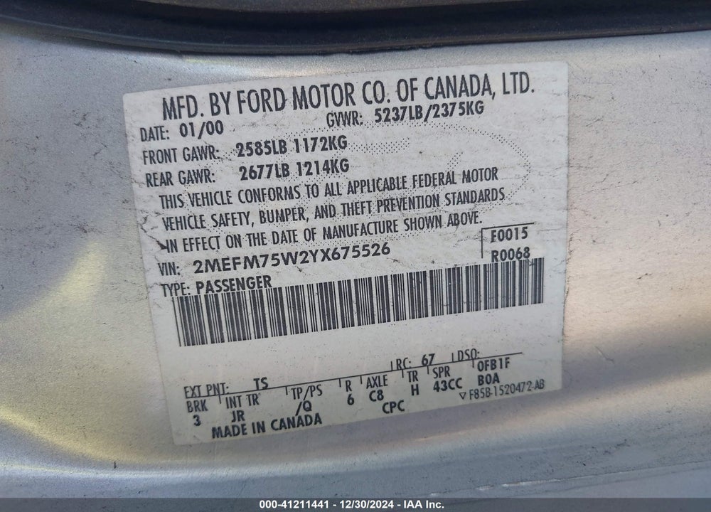 2000 MERCURY GRAND MARQUIS LS VIN: 2MEFM75W2YX675526